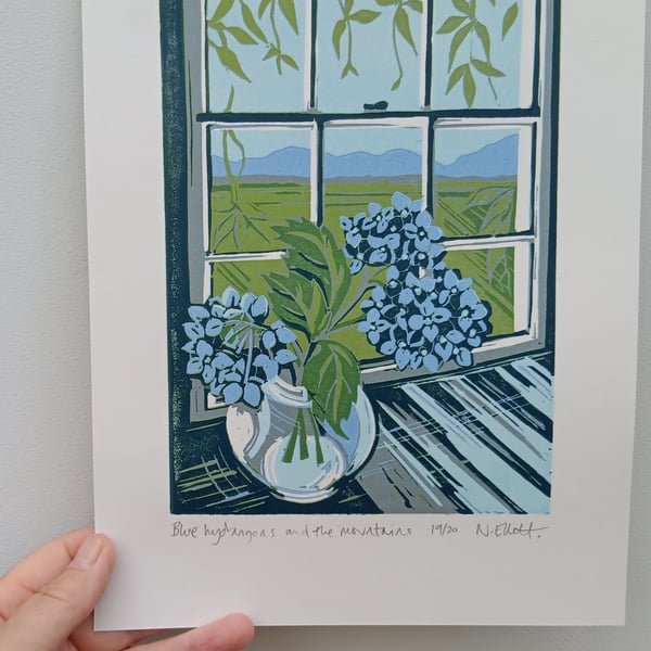 'Blue hydrangeas and the mountains' - linoprint