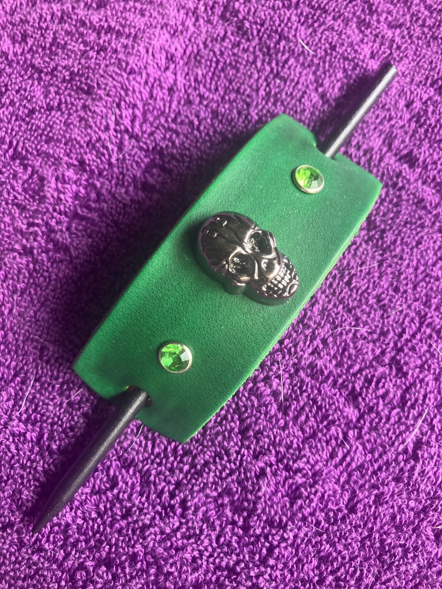 Dyed Green Leather Hair Stick Barrette - Skull centre and 2 Green Gemstones