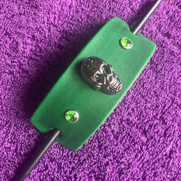 Dyed Green Leather Hair Stick Barrette - Skull centre and 2 Green Gemstones