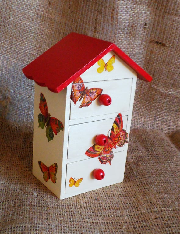 Mini Cabinet Butterfly House Trinket Jewellery Treasures Wooden Rustic Unusual