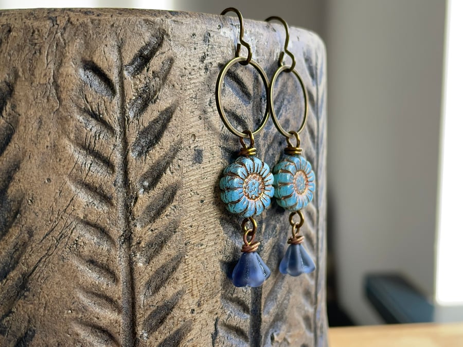 Rustic Blue Czech Glass Flower Earrings. Floral Earrings. Bohemian Style Earring