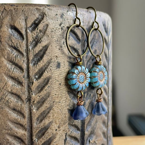 Rustic Blue Czech Glass Flower Earrings. Floral Earrings. Bohemian Style Earring
