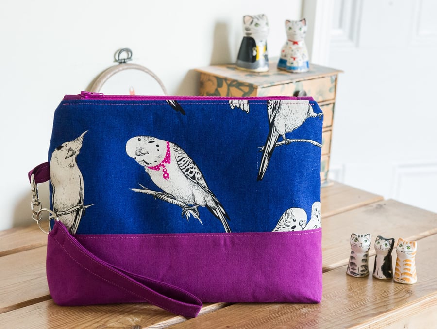 Project bag - a generously sized zipped pouch featuring budgies in ties!