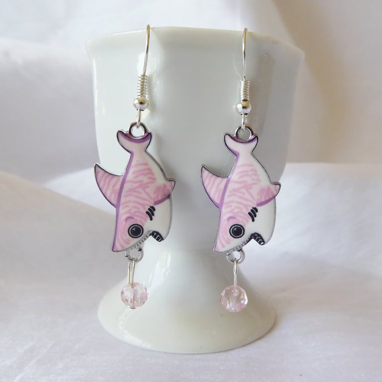 Whimsical Pink Shark Earrings with Silver plated ear wires