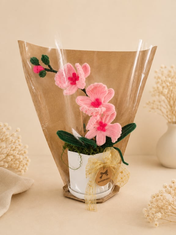 Pink Orchid in Pot – Handmade Forever Flower Gift with Gift Packaging