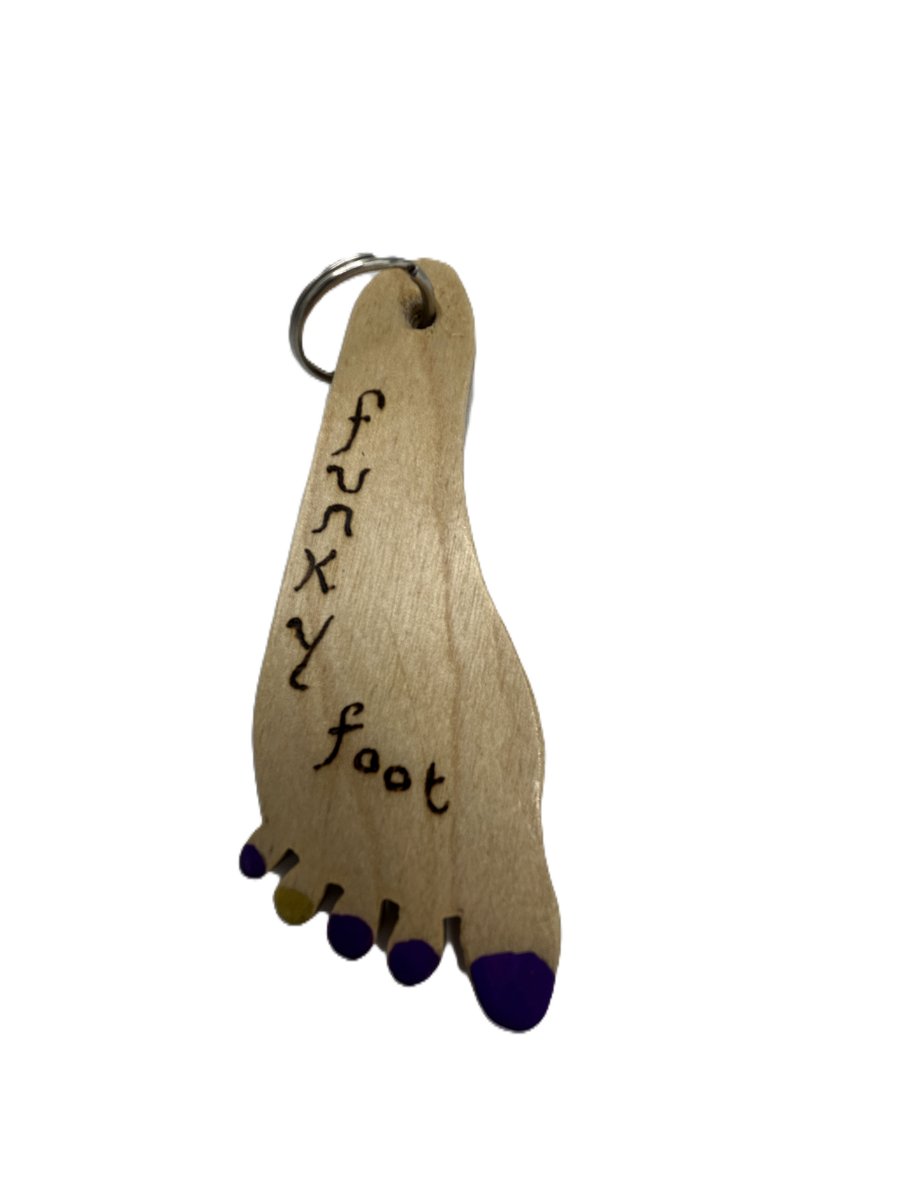 Funky Foot key fob in Birch plywood with purple nails – SKU-FF2