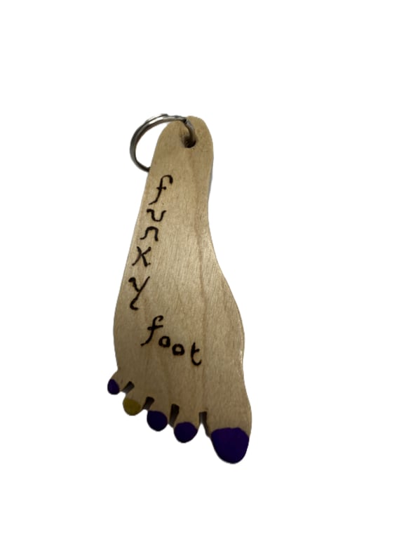 Funky Foot key fob in Birch plywood with purple nails – SKU-FF2