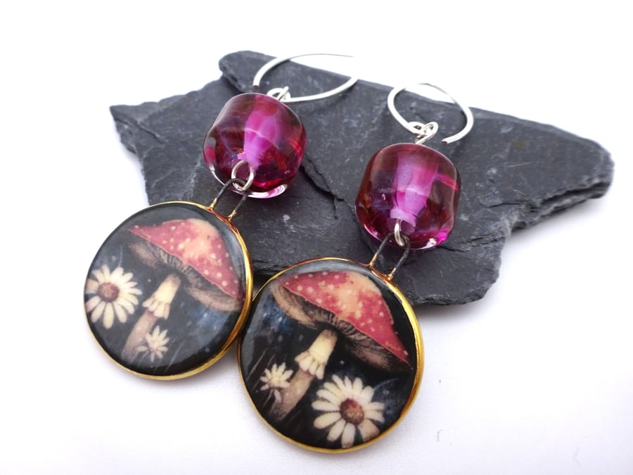 pink lampwork glass earrings, ceramic toadstool