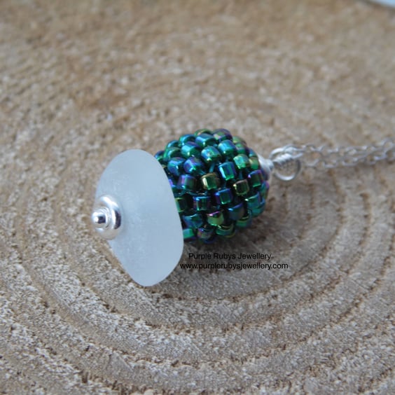 White Cornish Sea Glass with Green Aurora Woven Bead, Sterling Silver N587