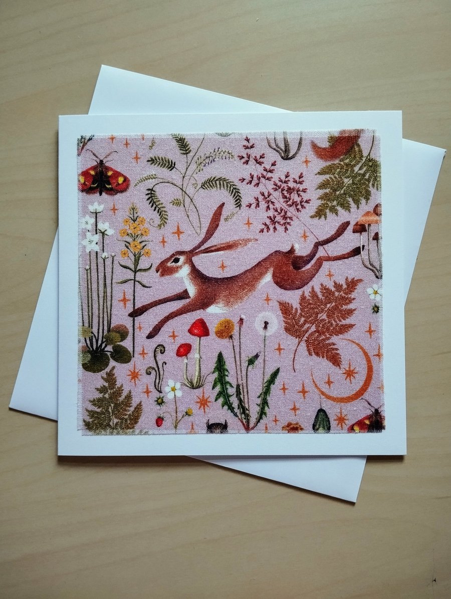 Leaping Hare Fabric Greeting Card