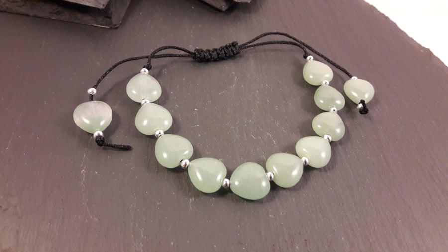 Green Aventurine Heart on Black Cord Adjustable Bracelet