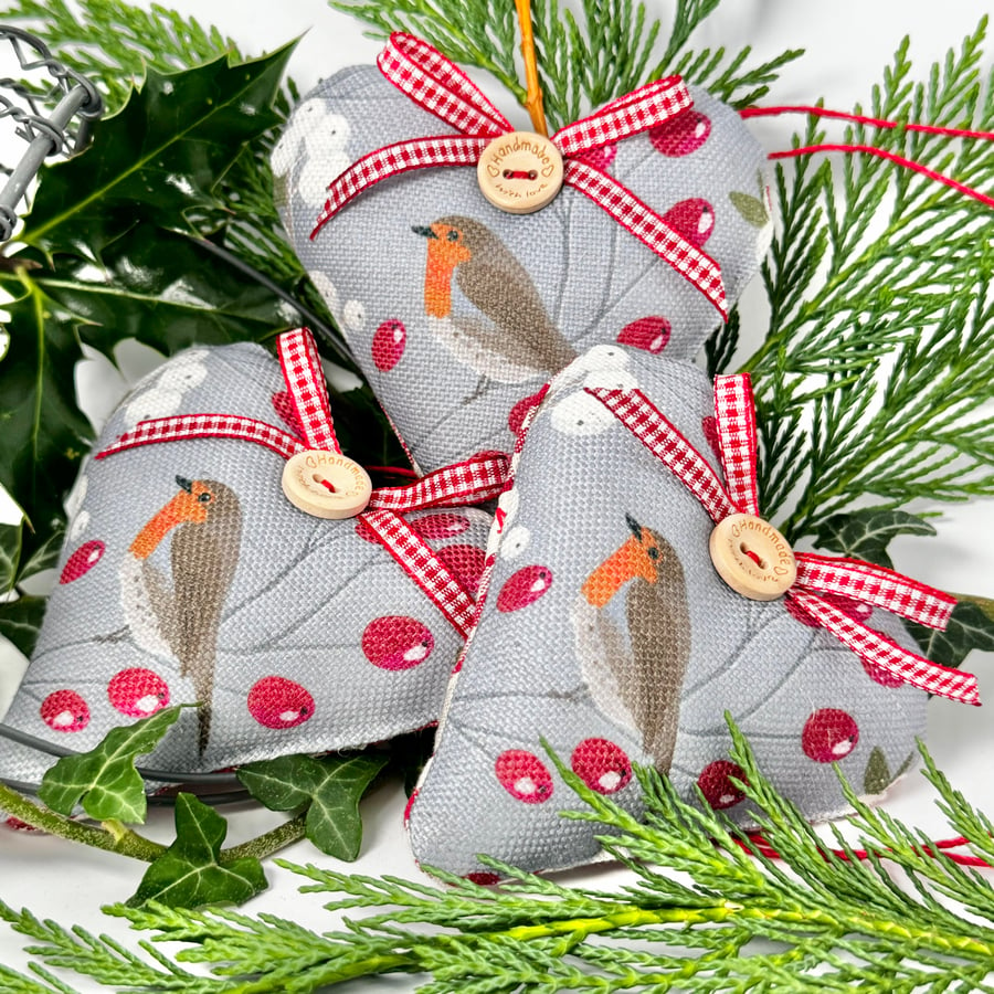 ROBIN HEART CHRISTMAS DECORATION - red and grey