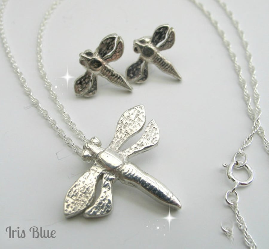 Dragonfly Necklace and Earring Set, Sterling Silver Jewelry, Gift Idea for Her, 