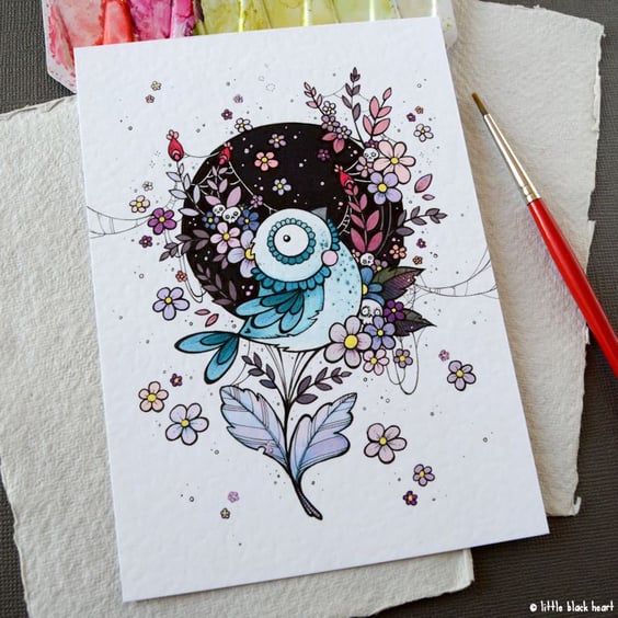 winter blossom bird - original illustration A6