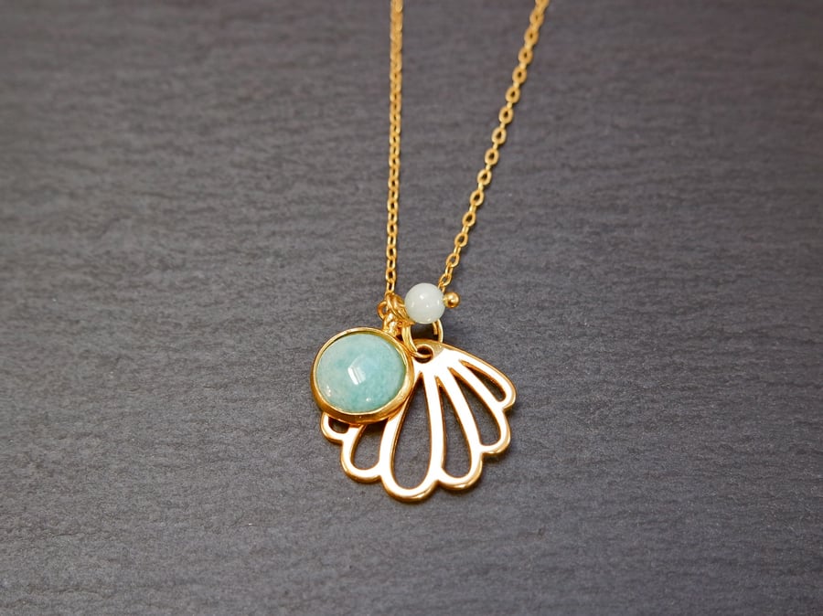 Necklace - Amazonite and Quartz Shell gold plated