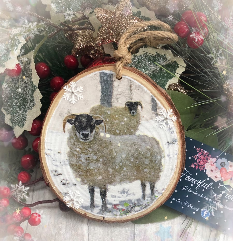 Sheep in the snow rustic log slice Christmas tree decoration
