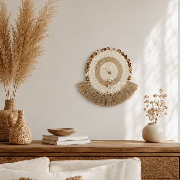 Beige, Off White & Shell Semi Circle Macrame Wall, Shelf & Console Table Decor