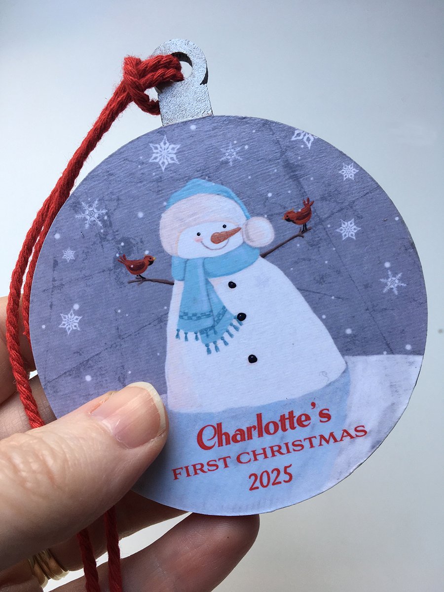 First Christmas Personalised Name & Year Snowman Character Hanging Decoration