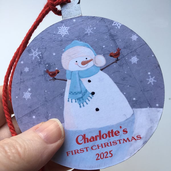 First Christmas Personalised Name & Year Snowman Character Hanging Decoration