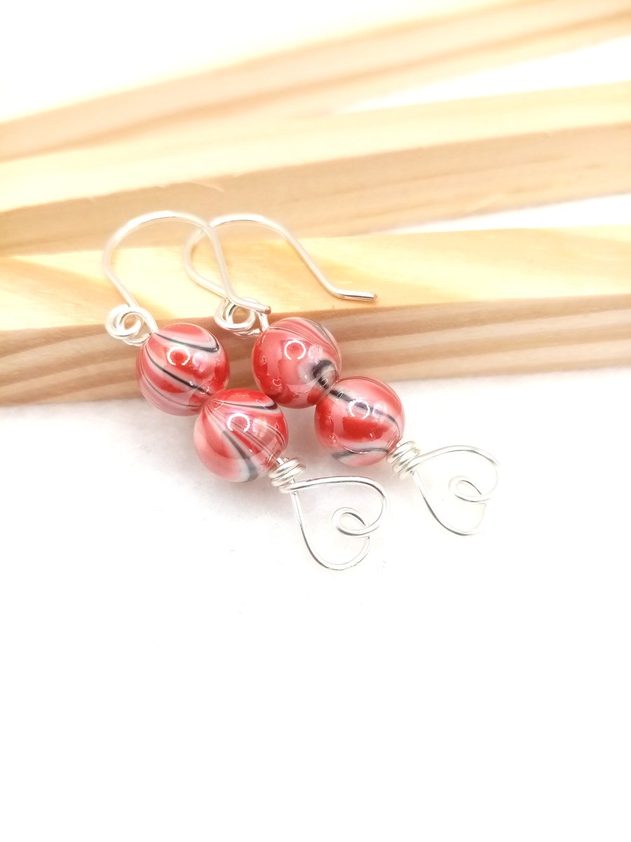 Red-Black Marble Candy Stripe Earrings, Red-Black Stripey Drop Earrings 
