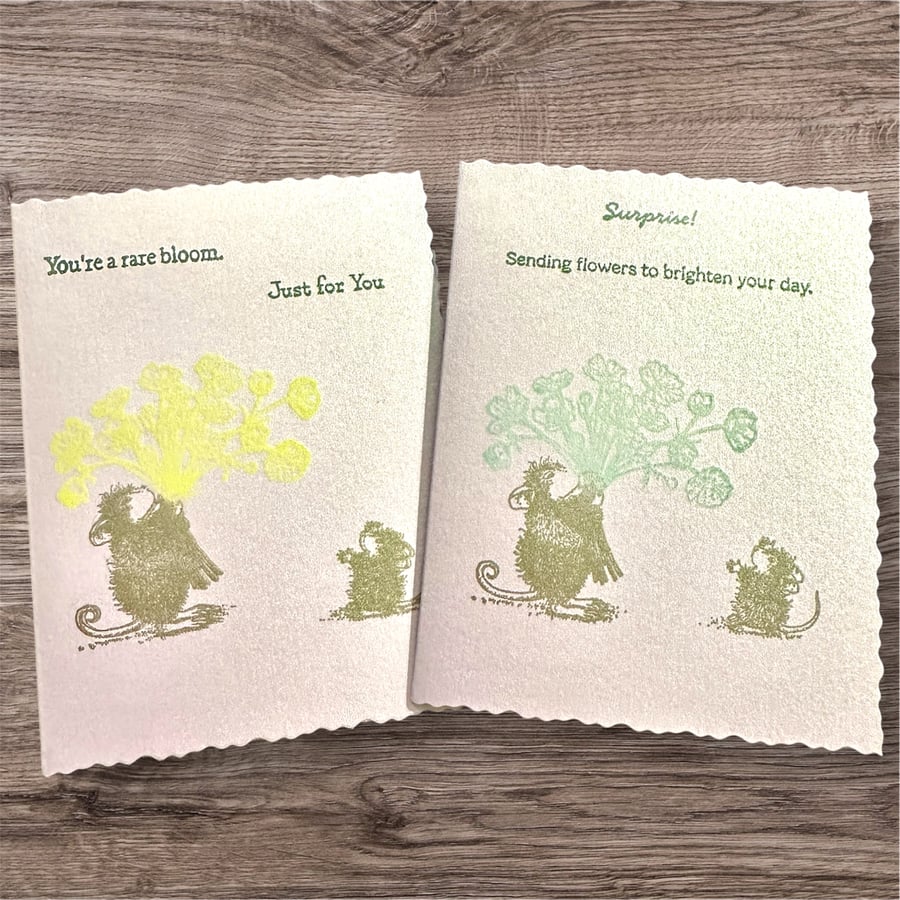 Pack of 2, Blank cards for any occasion, mice and flower bouquet, mauve