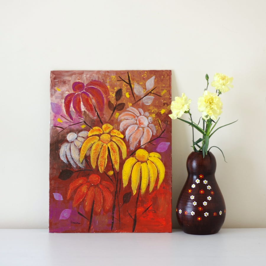 Original Mixed Media Painting Autumnal Flowers