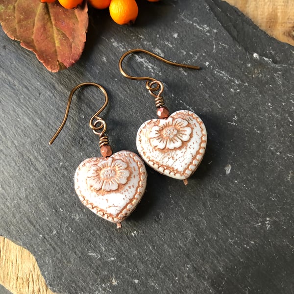 Copper & White Czech Glass Heart Earrings. Dangle Heart Earrings. Drop Earrings