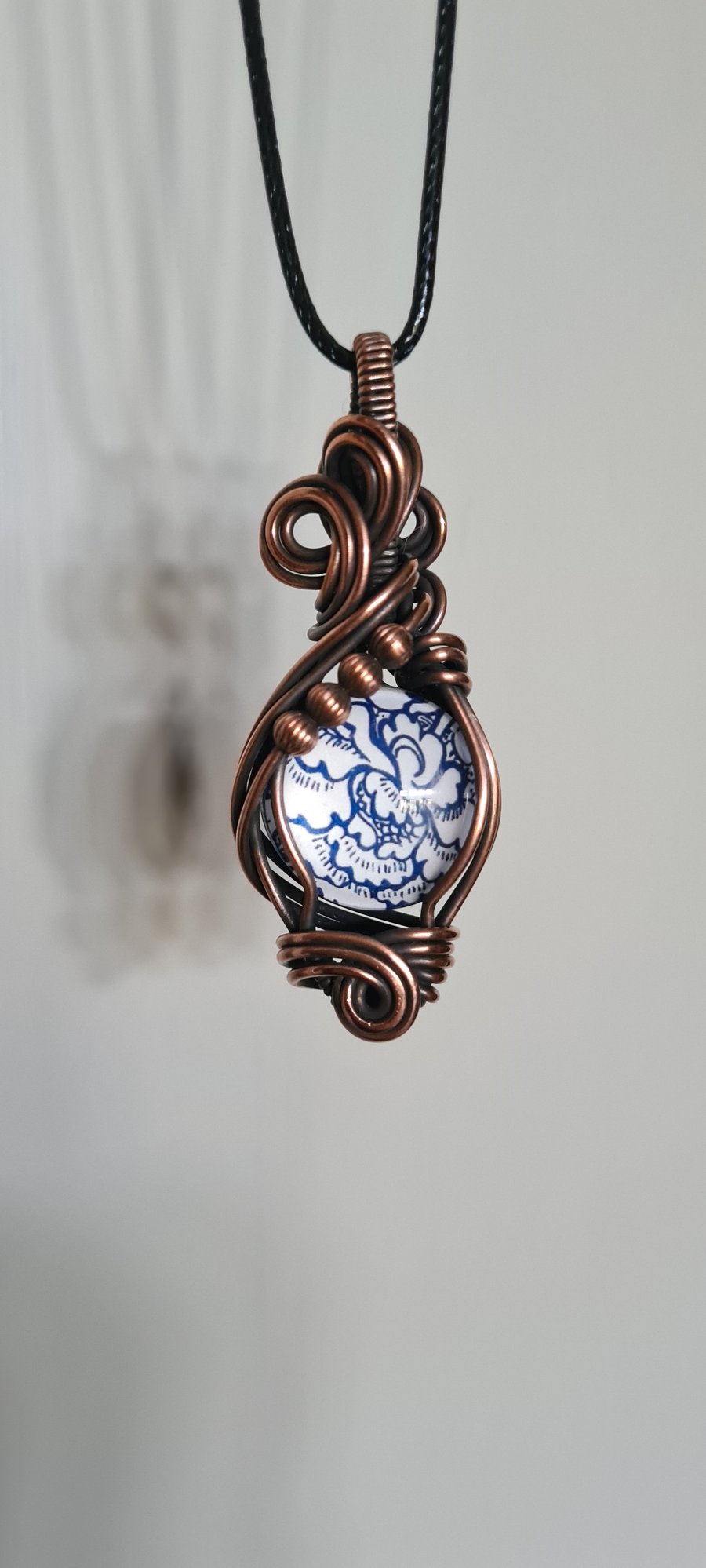 Double Sided Blue & White Unique Copper & Glass Pendant Necklace Gift Jewellery 