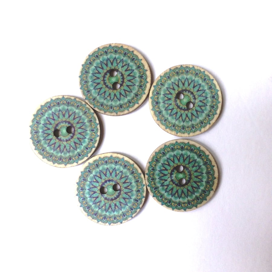 Teal mandala style Wood buttons 1" , 25mm across
