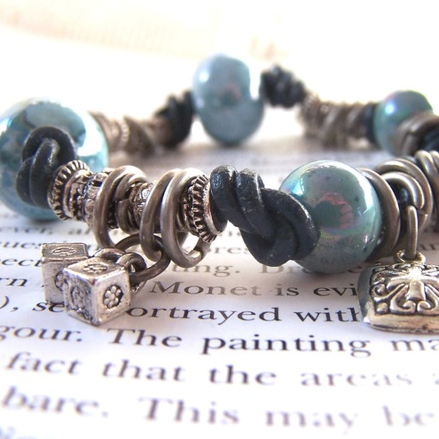 Blue Leather Silver Charm Bracelet