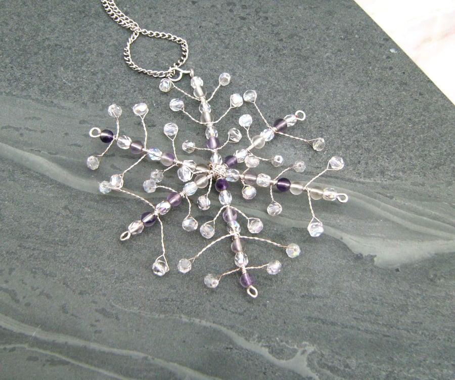 Snowflake Fluorite & Crystal Wire Pendant Necklace