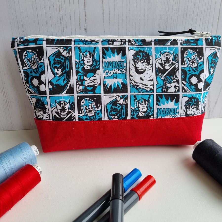 Large pencil case, zipped pouch, super heroes, notions case, make-up bag