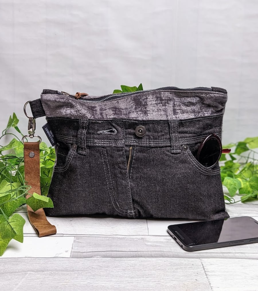 Black Denim Clutch Bag with Leather Strap and Grey Chenille (P&P included)