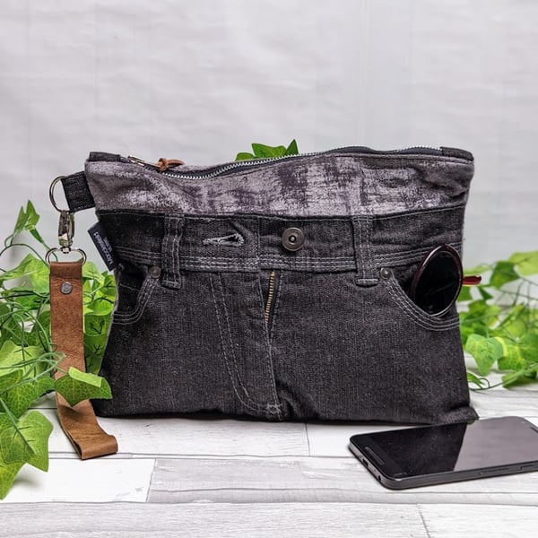 Black Denim Clutch Bag with Leather Strap and Grey Chenille (P&P included)