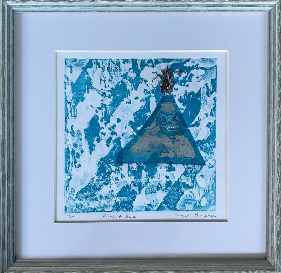 Framed Abstract Lino Print with Embroidery - Fire & Ice