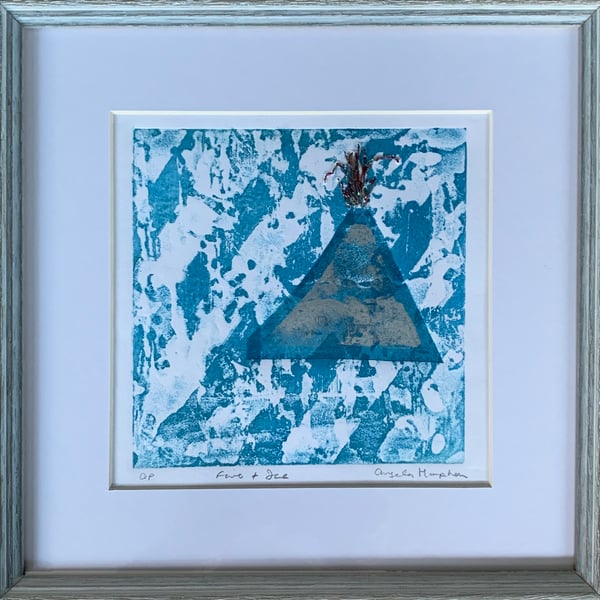 Framed Abstract Lino Print with Embroidery - Fire & Ice
