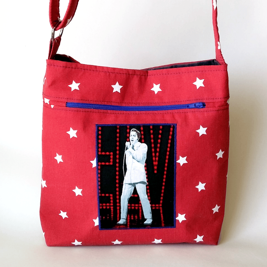 Red, Crossbody Bag with Elvis Image and white stars