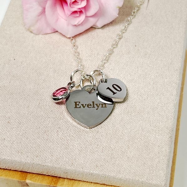 Silver Personalised 10th Birthday Name Necklace Age & Birthstone 