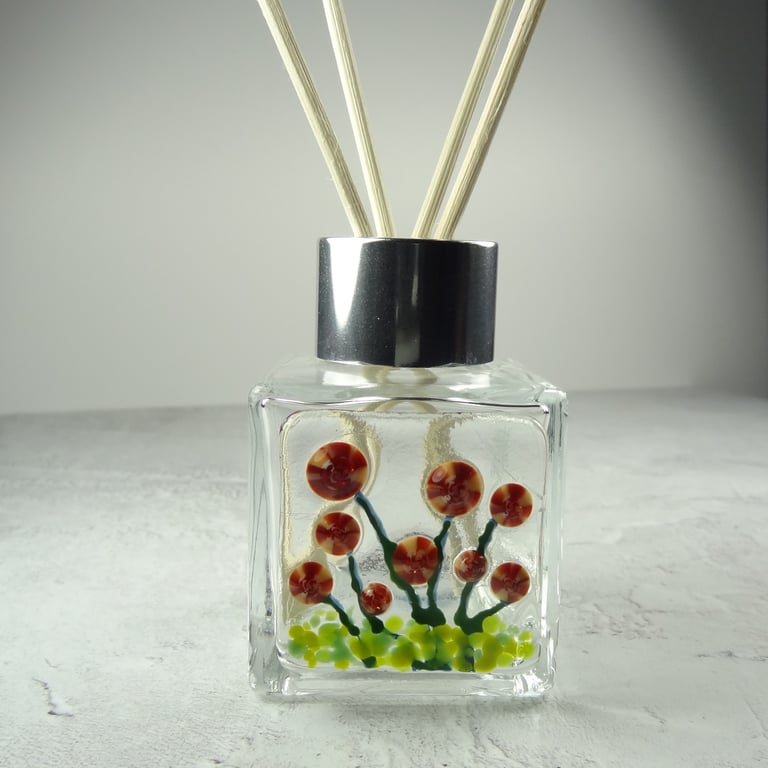 Handcrafted red flowers fused glass reed diffuser – unique gift with 4 reeds v.2