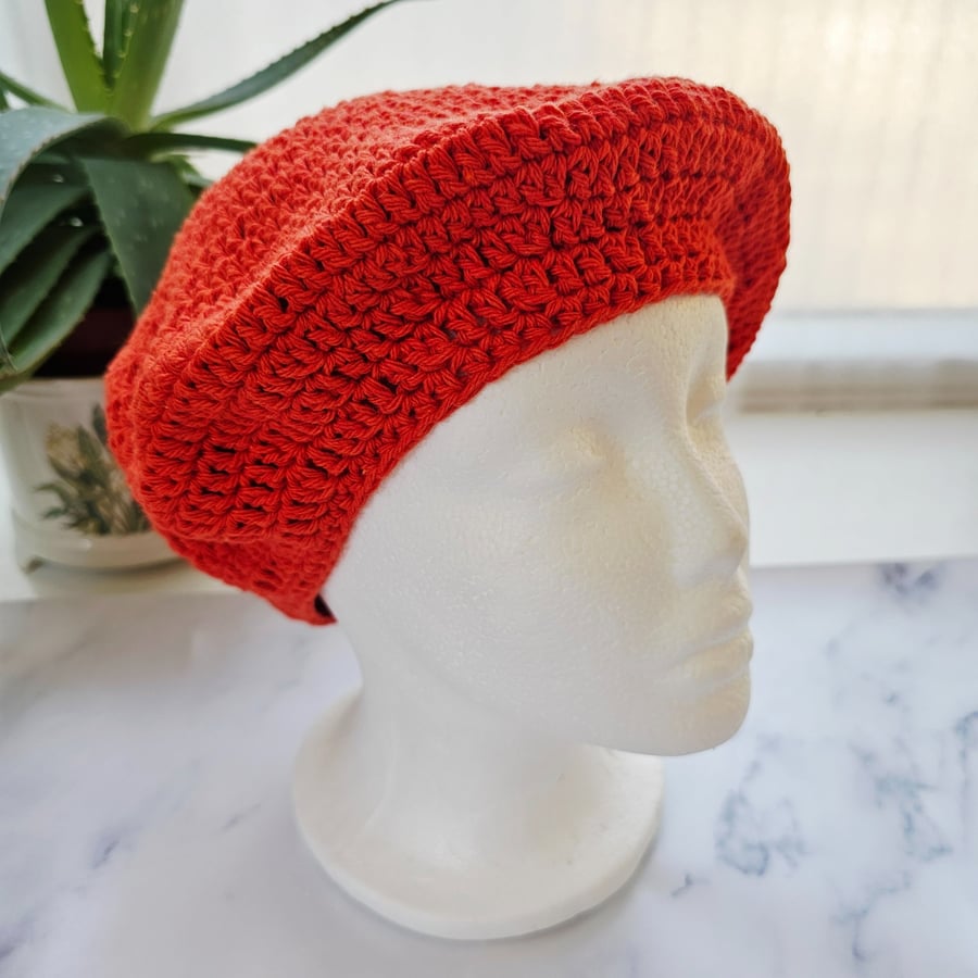 Orange Crochet Beret Hat, Recycled Cotton Blend Yarn