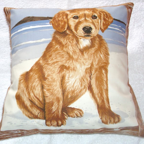 A golden retriever pup on the beach cushion 