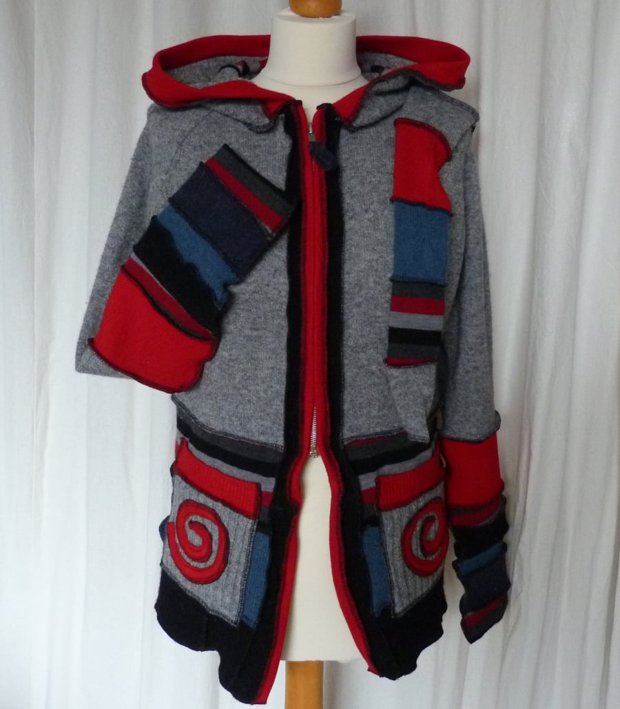 Upcycled Sweater Wool Hoodie with Zip and Long Hood and Patch Pockets in Grey