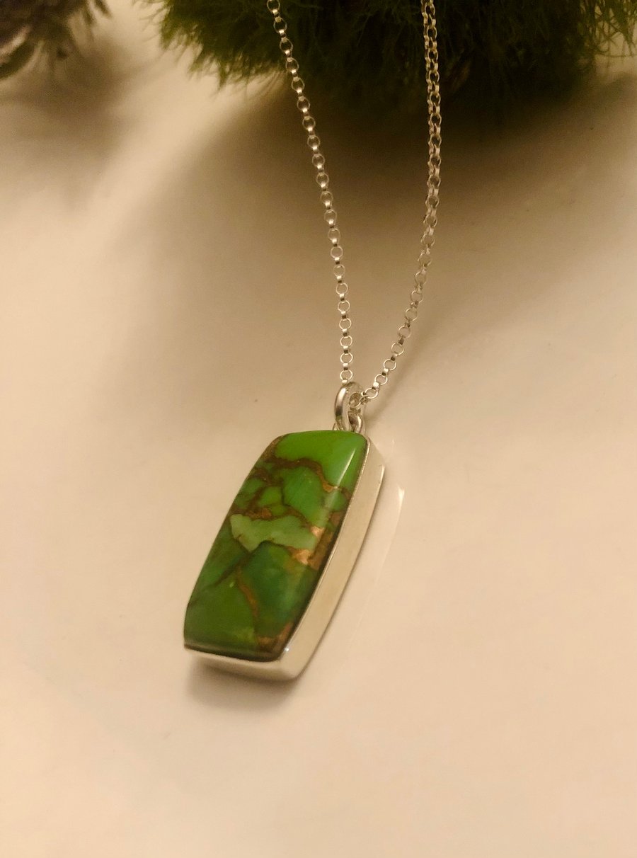 Copper Green Turquoise gemstone Sterling Silver pendant necklace 