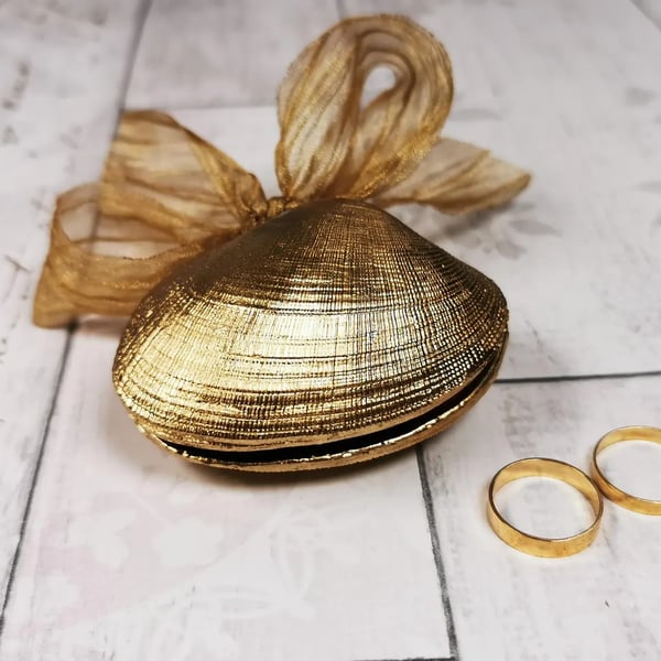 Gold Gilded Seashell Ring Box for Weddings or Beach Proposals