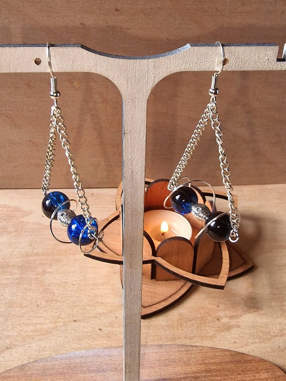 Handmade Blue Crackle Glass Drop Earrings, Silver Chain Dangle Earrings, Boho 