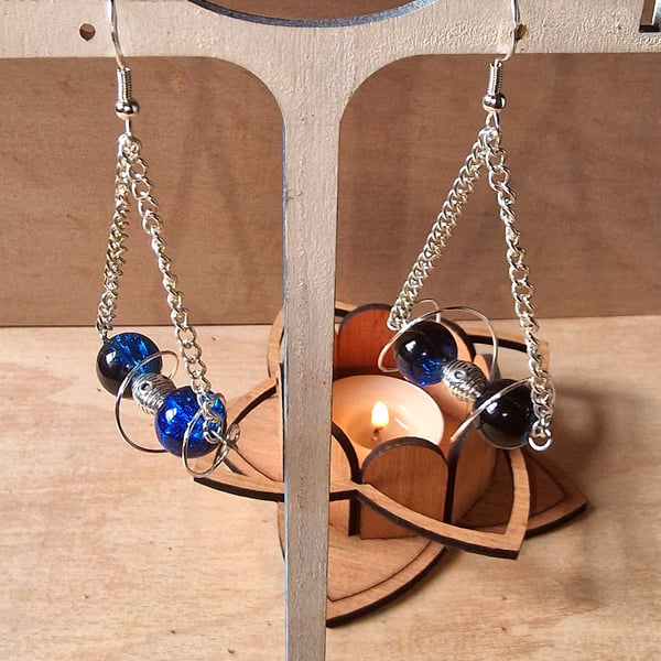 Handmade Blue Crackle Glass Drop Earrings, Silver Chain Dangle Earrings, Boho 