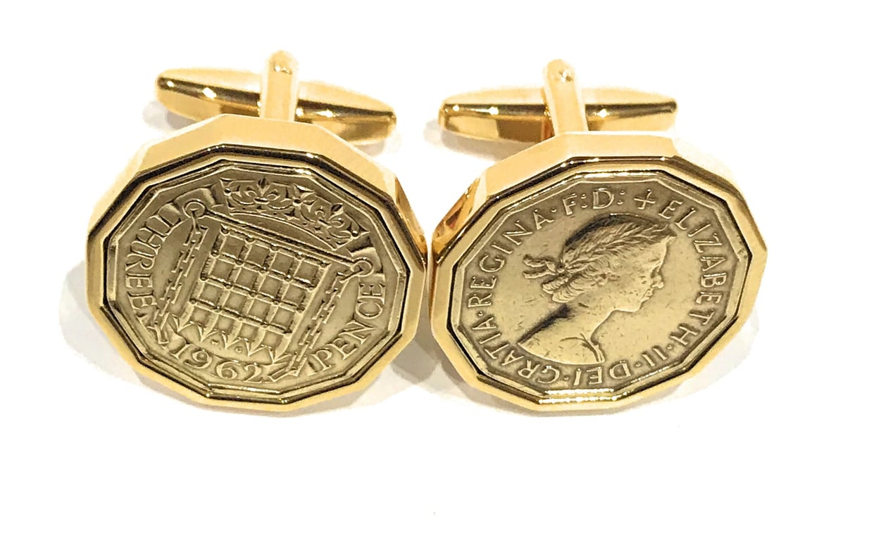 1962 Threepence 3d 63rd birthday Cufflinks - Original threepence coin cufflinks 