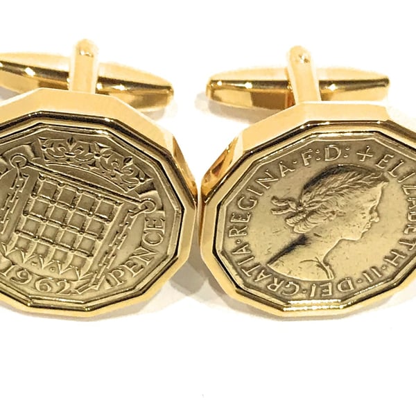 1962 Threepence 3d 62nd birthday Cufflinks - Original threepence coin cufflinks 