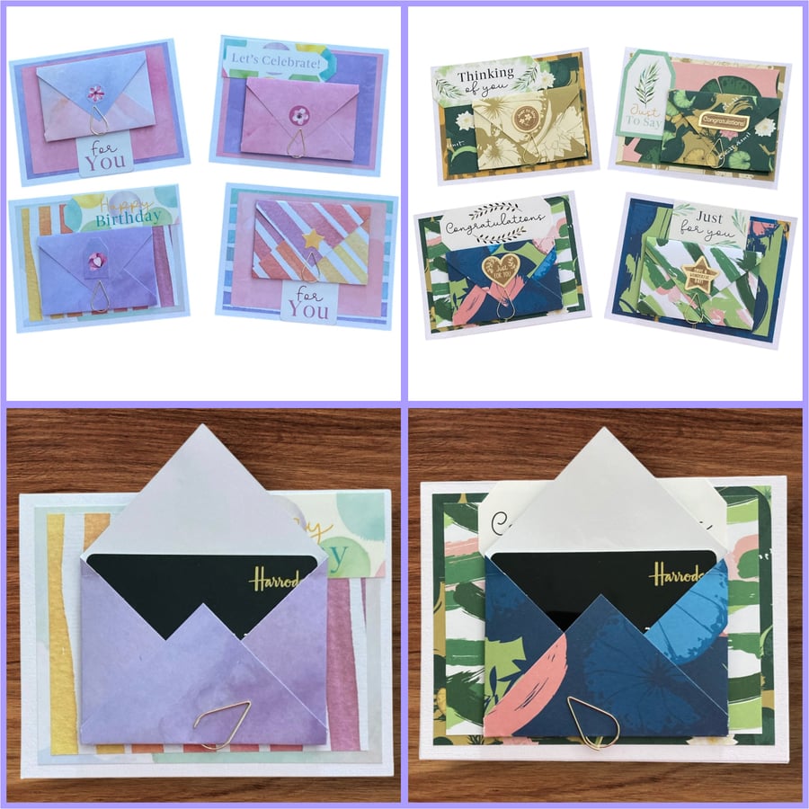 Set of four cards with envelope for a gift card or money. Two designs available.