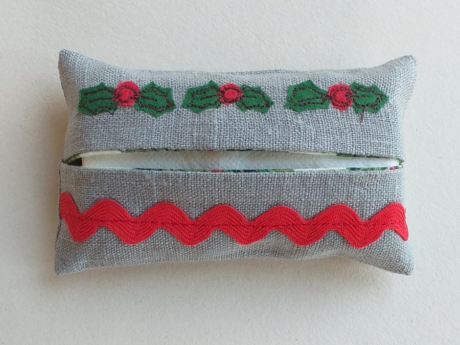 Embroidered Holly Pocket Tissue Pouch